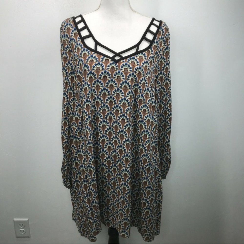 Lela Sky Long Sleeve Abstract Peacock Print Tunic Dress w/ Pockets Size Small